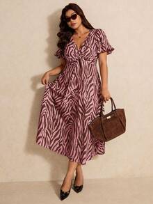 Elaquor Plus Size Women's Zebra Print V-Neck Short Sleeve Elegant Dress Vacation Pink Summer - Multicolor - View 6