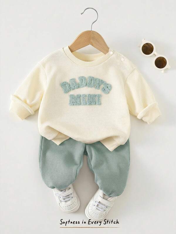 Cozy Pixies Conjunto fofo para recém-nascido com bordado de letra DADDY'S MINI, casual e giro para uso diário, outono/inverno