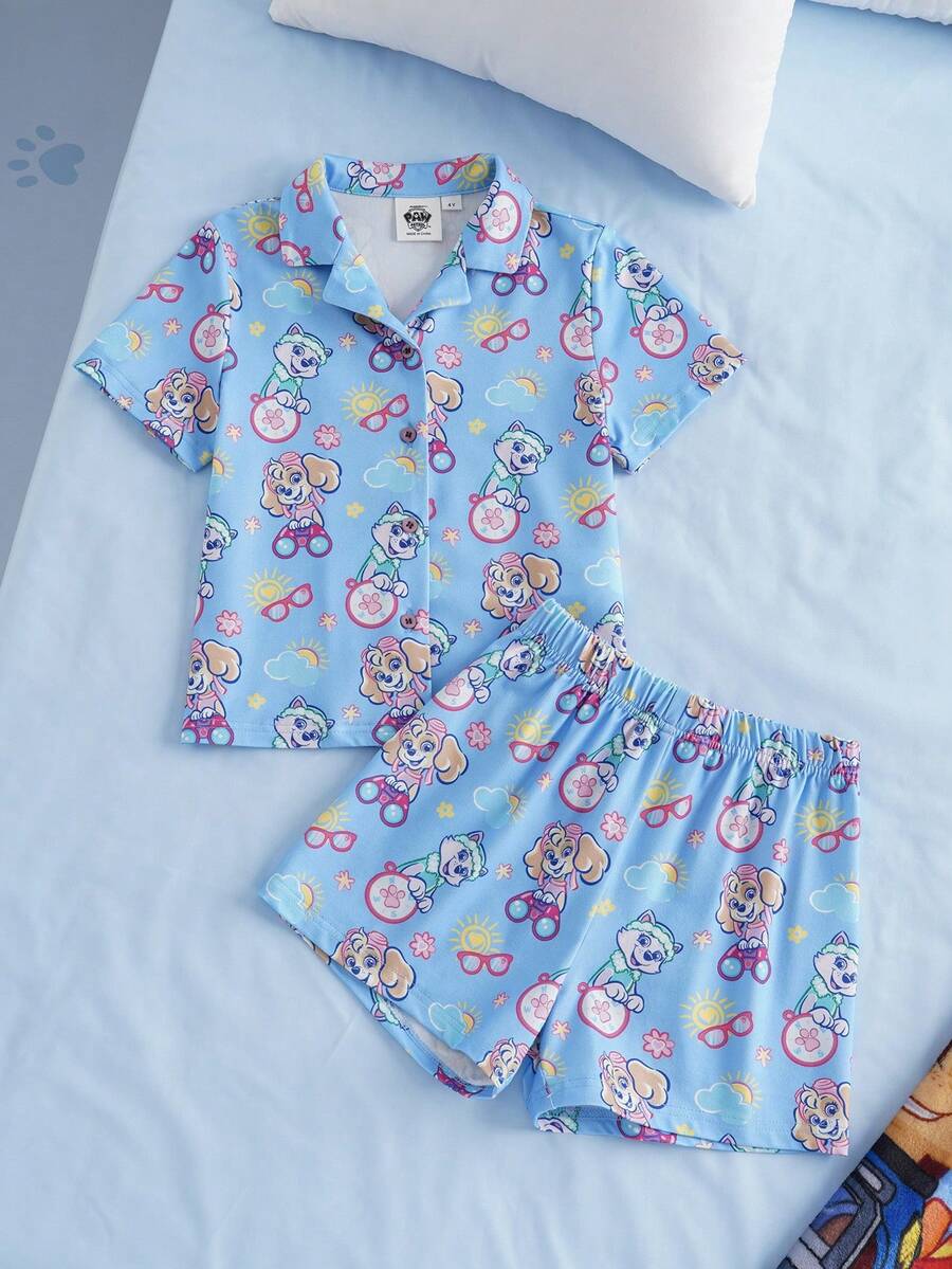 SHEIN | PAW Patrol 少女卡通印花單排扣短袖上衣與短褲休閒日常居家睡衣套裝 - 紫色 - 查看 1
