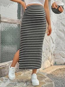 SHEIN 孕婦可調腰圍條紋側開衩下擺休閒裙 - 黑與白 - 查看 1