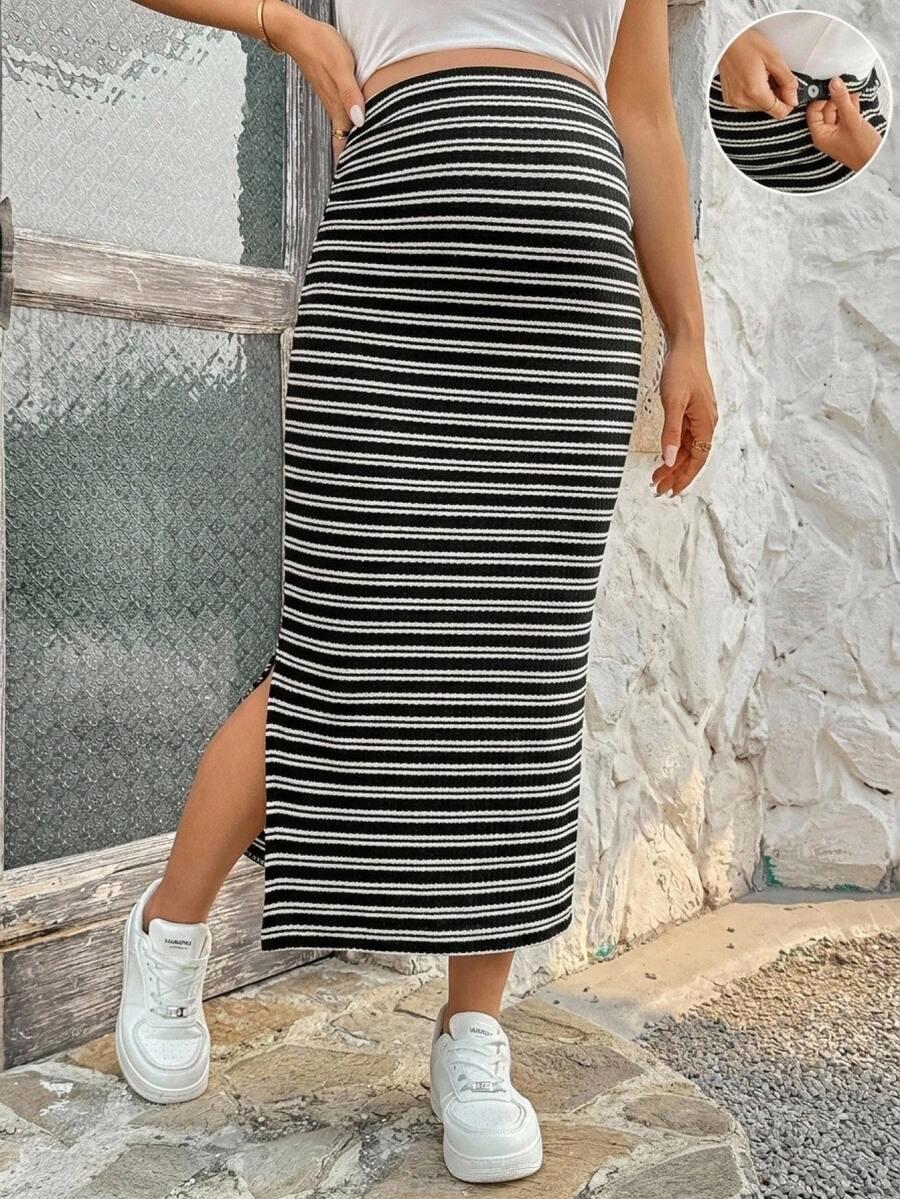 SHEIN 孕婦可調腰圍條紋側開衩下擺休閒裙 - 黑與白 - 查看 1