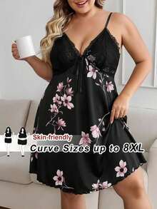 SHEIN CURVE+ 性感蕾絲拼接仿絲印花細肩帶洋裝 大尺碼 - 黑色 - 查看 1