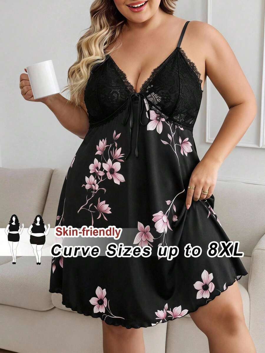 SHEIN CURVE+ 性感蕾絲拼接仿絲印花細肩帶洋裝 大尺碼 - 黑色 - 查看 1