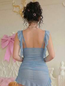 PetitDoll 2pcs/Set Sheer Mesh Ruffle Asymmetrical Hem Mini Skirt - Blue - View 2
