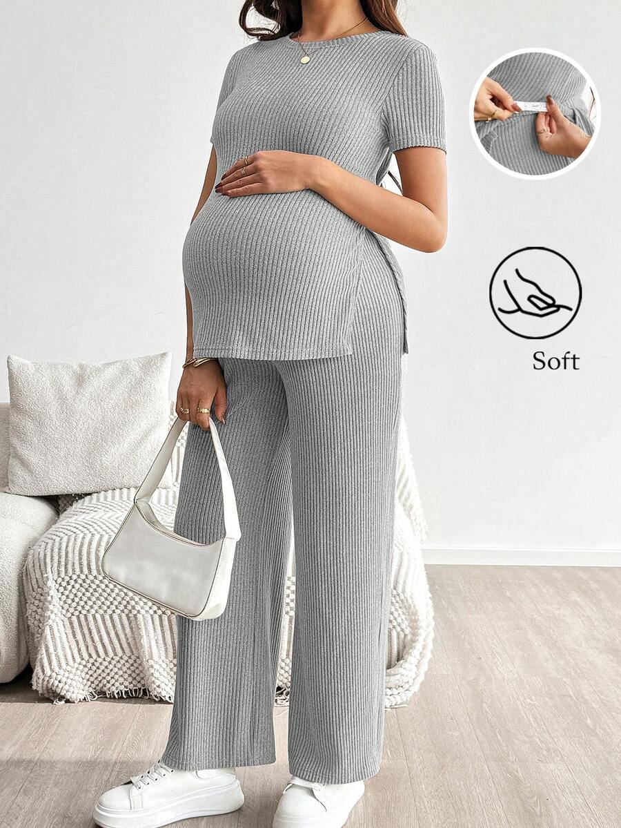 SHEIN 孕婦純色羅紋側開衩下擺T恤與可調腰圍長褲休閒兩件套 - 灰色 - 查看 1