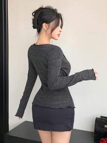 DAZY 女款秋季 2 合 1 灰色拼接露肩交叉式裹身長袖 T 恤，適合婚禮、日常、約會與休閒穿著 Y2K 風格 - 黑色 - 查看 11