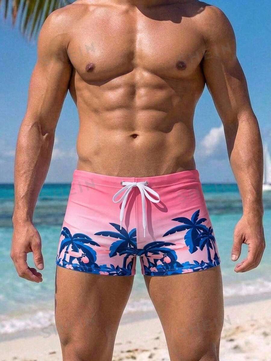 Naviga Onda Spring Summer Men's Gradient Pink Tropical Coconut Tree Beach Vacation Swim Vacation Square Swim Trunks Casual Tropical Tropical Holiday Pool Party - Multicolor - View 1