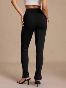 COSMINA Women's Solid Color High Waist Split Hem Casual Basic Modest Leggings Office Work Black Autumn - Black - View 4