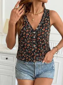 SHEIN Clasi 女款碎花鈕扣設計V領背心 中年風格 - 黑色 - 查看 6
