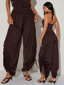 Normani Women's Solid Color Pleated Halter Jumpsuit Vacation Dark Brown Summer Sexy - Brown - View 3