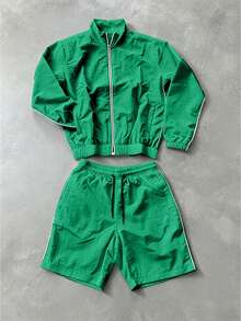 Courvante Tennis Men's Zip-Up Long Sleeve Jacket And Drawstring Waist Shorts Sports Set, Fall - Green - View 3