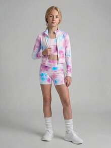 SHEIN 少女長袖小立領拉鍊運動上衣、背心與單車褲3件式可愛運動套裝 健身 粉色 夏季 - 彩色 - 查看 7