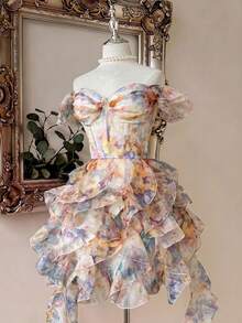Lovelzi Elegant Romantic Vacation Glossy Shimmer Floral Strapless Off-Shoulder Ruffle Sleeve Bustier High Waist Slimming Asymmetrical Multi-Layered Ruffle Puff A-Line Skirt Extra Long Decorative Jellyfish Hem Back Adjustable Tie Strap Dress For Date Vacation Beach Wedding Event Graduation Homecoming Spring Summer Elegant Party Women Wedding Guest Gathering - Apricot - View 4
