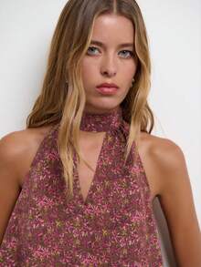 Nöista Floral Mandarin Collar Top With A-Line Fit For Summer Vacation And Casual Chic Looks. - Coffee Brown - View 6