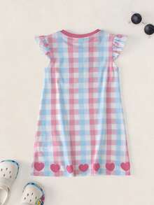 BABY SHARK X SHEIN Young Girl Round Neck Plaid Letter Cartoon Pattern Casual Daily Dress - Pink - View 2