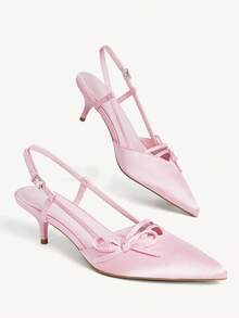 CUCCOO CHICEST 女士粉色緞面蝴蝶結時尚優雅氣質尖頭小貓跟鞋 - 粉色色丁 - 查看 6