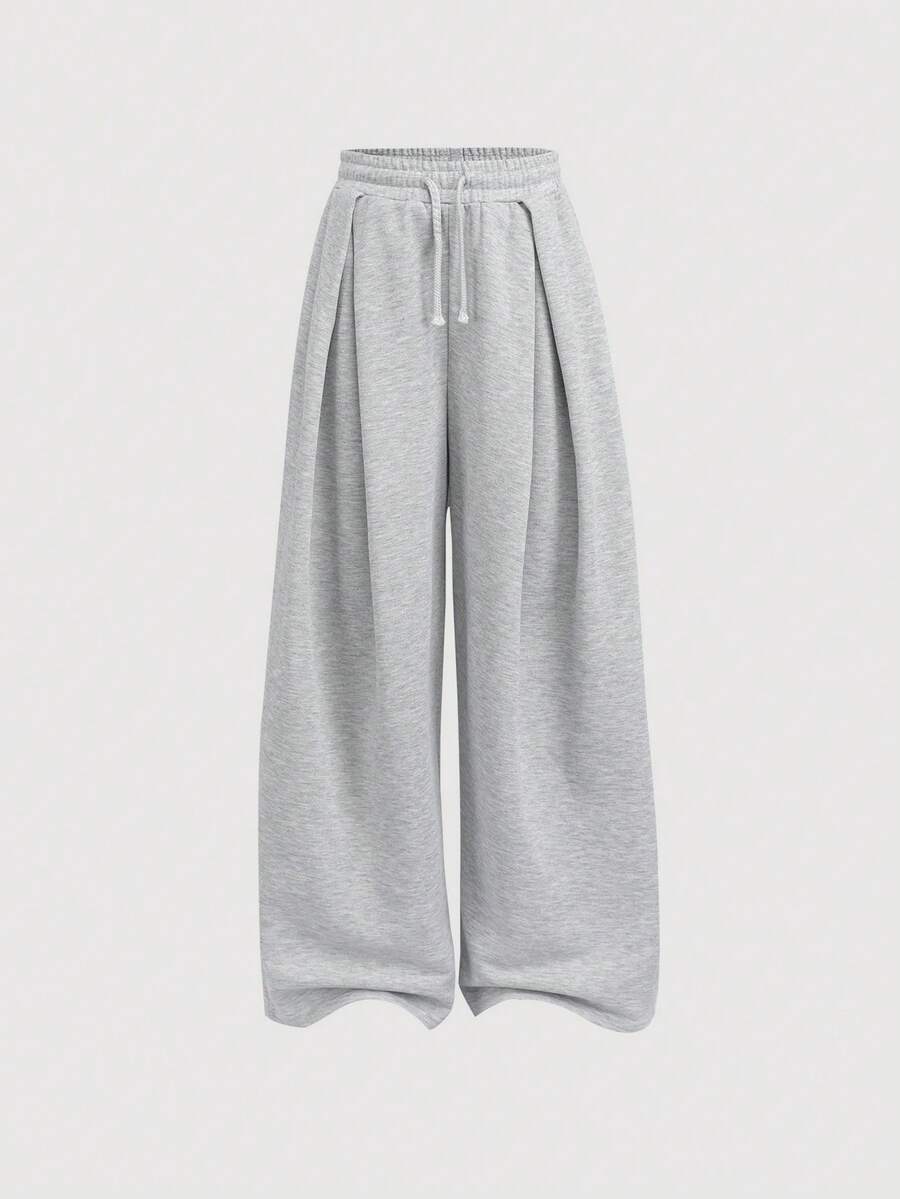 SHEIN Pantalones largos de unicolor con cintura con cordón, casuales y versátiles para uso diario para niñas preadolescentes - Gris - Ver 1
