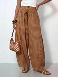 Zivah Women's Summer Brown Striped Boho Vacation Holiday Linen Fabric Loose Harem Lantern Long Pant With Side Pockets,Casual Nomadic Beach Party Outfits - Rust Brown - View 5