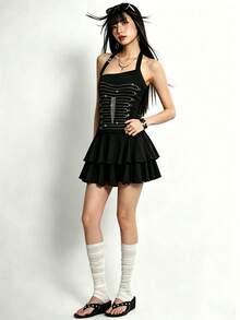 Rina Fox Women's Rhinestone Design Fashion Double Layer Ruffle Hem Halter Neck Dress - Black - View 6