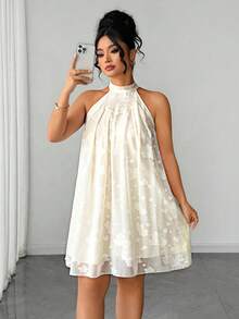 SHEIN Clasi Plus Size Chiffon Jacquard 3D Embroidered Fabric High Neck Sleeveless Asymmetrical Patchwork Ruched Umbrella Hem Doll Style Knee Length Dress Elegant For Outing Date Party Gathering Vacation - Apricot - View 6