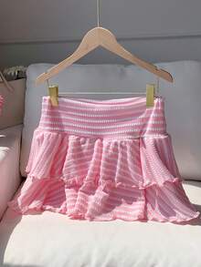 Comfortcana Women's Pink And White Striped Double Layer Ruffle Hem A-Line Short Skirt For Summer Going Out Beach Vacation Cute Y2k - Pink - View 4