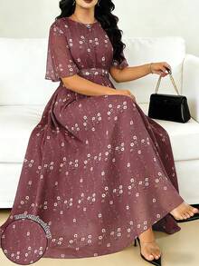 Modelyn 酒紅色夏季優雅婚禮女款花卉印花仿刺繡圓領短袖收腰極簡長洋裝，適合度假與日常穿著 - 彩色 - 查看 6