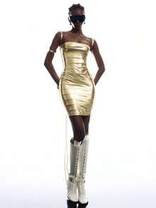 LYSMO 2026 New Arrive Minimalism Summer Women's Sexy Fashion Metallic Texture Strappy Dress Night Out Gold Summer Party Outfit Women - Gold - View 3