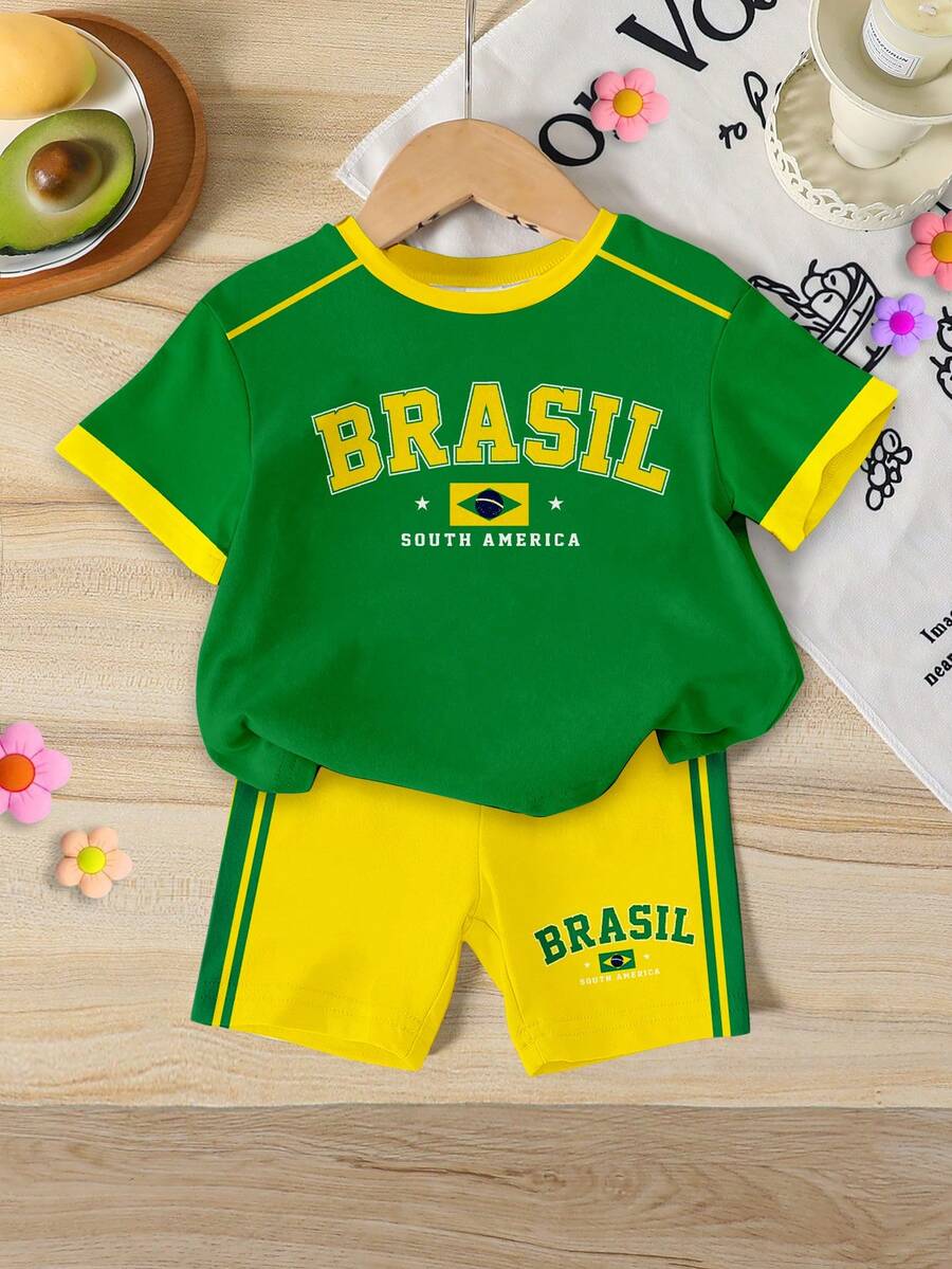 女嬰巴西主題運動休閒套裝,經典綠黃配色 BRASIL 印花,圓領短袖T恤搭配側條紋短褲,親膚透氣面料,適合男孩女孩夏季運動、日常上學、外出與拍照 - 彩色 - 查看 1