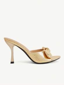 CUCCOO CHICEST Spring And Summer New Retro Gold Bow Stiletto Women's Sandals Open-Toed Mules Slippers Commuter Dating Party Versatile High Heels Women's Shoes - Gold - View 3