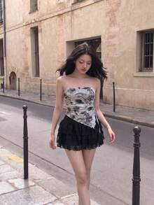 SHEIN MOD Tube Top With Side Drawstrings, Asymmetric Hem, Retro Sexy Elegant Printed Summer Going Out Party Night Night Out Tight Black And White - Black and White - View 3