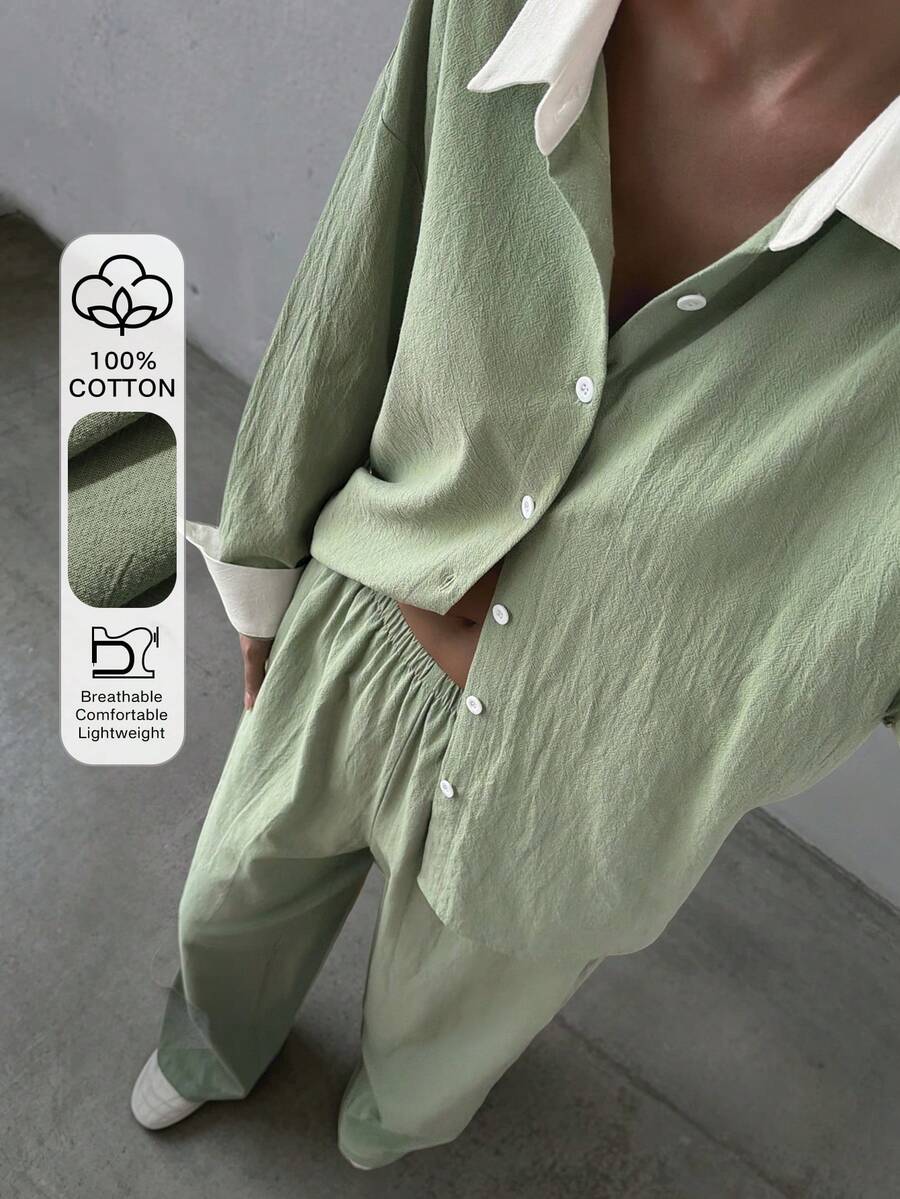 DAZY Conjunto de Roupa de Descanso Feminino com Top de Manga Longa de Abotoamento Único e Calça em Cores Contrastantes para o Outono - Verde - Visão 1