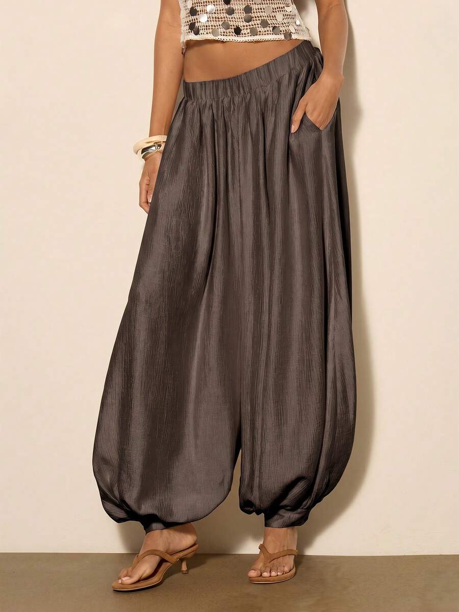 COSMINA Women's Solid Color Pocket Pleated Casual Daily Lantern Pants - Coffee Brown - View 1