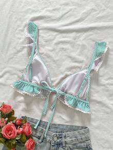 Swim Mod 女款夏季海灘甜美可愛格紋印花荷葉邊下擺白色蕾絲飾邊休閒度假泳裝上衣 - 薄荷綠 - 查看 2
