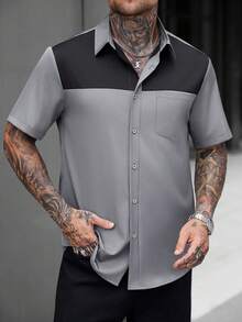 Manfinity Mode Men's Black & Grey Color Block Mature Casual Business Shirt, Comfortable Short Sleeve Style - Dark Grey - View 6