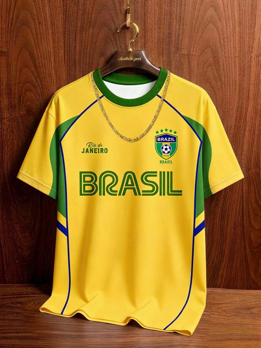 Manfinity Campus Court 巴西 BRASIL 字母黄绿复古球衣,黄绿撞色圆领宽松足球训练衫,男女通用图案T恤,男士夏季运动上衣,足球/足球装备 - 彩色 - 查看 1