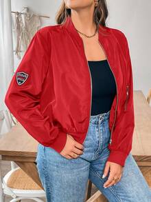 SHEIN Essnce Plus Size Women's Solid Color Long Sleeve Zip-Up Casual Baseball Jacket Fall - Red - View 4