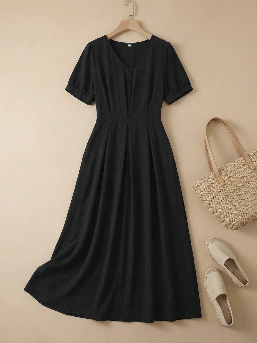 SHEIN LUNE 女士休闲纯色花瓣袖连衣裙,夏季 - 黑色 - 查看 1