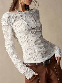 Bohemela Casual Boho Country Grunge Solid Color Knit Off-Shoulder Women's T-Shirt Concert Music White Autumn - White - View 7