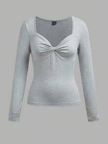 SHEIN EZwear 3件組秋季新款結飾方領女款T恤上衣，適合日常通勤、約會、派對，秋冬春夏皆宜，聖誕節、新年 - 彩色 - 查看 5