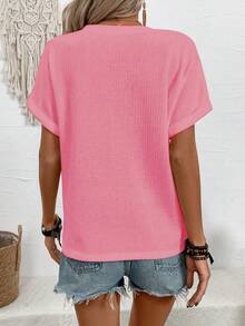EMERY ROSE Women's Solid Color Fashion Button Textured Versatile Casual T-Shirt - Pink - View 2