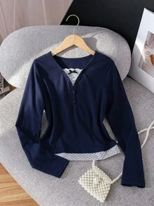 SHEIN Fashion Cute Casual Girl Polka Dot Print Patchwork Bow Decor Long Sleeve Top, Navy Blue, Spring Autumn Birthday Prom - Navy Blue - View 1
