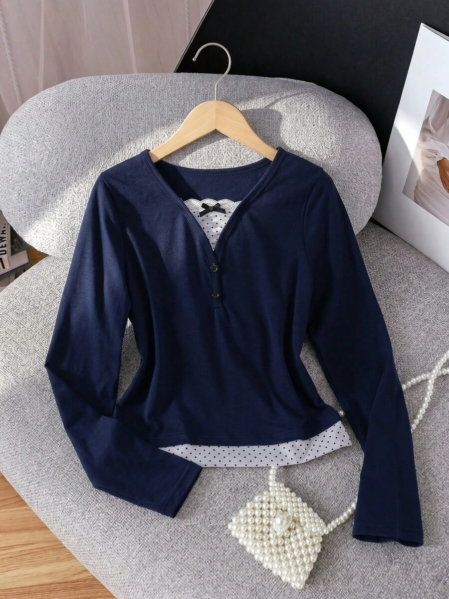 SHEIN Fashion Cute Casual Girl Polka Dot Print Patchwork Bow Decor Long Sleeve Top, Navy Blue, Spring Autumn Birthday Prom - Navy Blue - View 1