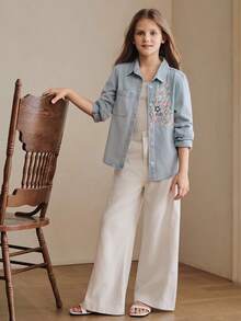 Anewsta New Girls' Luxurious Heavy Embroidery Casual Vacation Blue Shirt, Summer Promotion - Blue - View 5