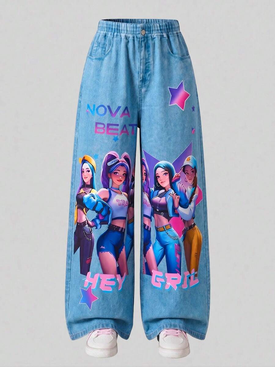 SHEIN 青少年女孩休閒 Y2K 時尚卡通印花丹寧效果彈性腰寬腿褲，寬鬆舒適，適合秋冬春夏，藍色