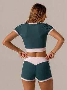Aralina Women's Cropped Ribbed Crew Neck Contrast Color Tank Top And Shorts Sports Set - Dark Green - View 2