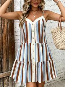SHEIN Holidaya 休閒、海灘、通勤、浪漫派對、生日、演唱會、情人節及其他場合；女款夏季新款拼色可愛細肩帶度假短裙，荷葉邊裙襬 A 字度假洋裝，印花短洋裝，細肩帶拼色女款度假夏日洋裝 - 彩色 - 查看 3