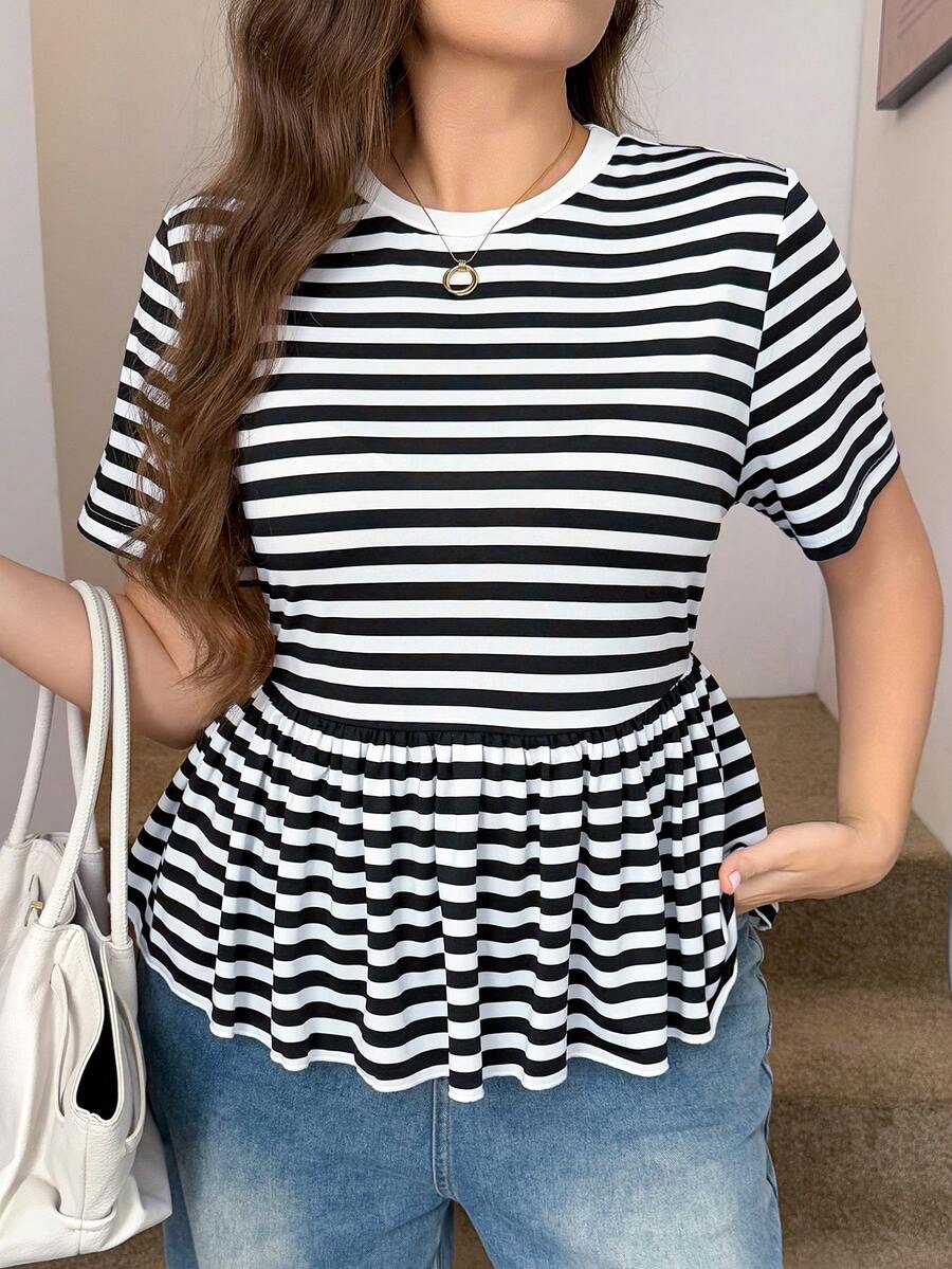 SHEIN LUNE Plus Size Women's Striped Crew Neck Short Sleeve Ruffle Hem Casual T-Shirt - Black and White - View 1