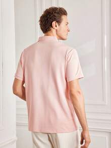 Officeau Men's Summer Lightweight Fabric Polo Shirt Slim Fit Short Sleeve Solid Color Collar Top, Suitable For Daily, Commute, Office, Light Sports - Dusty Pink - View 3