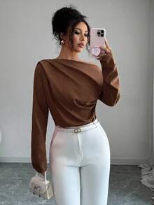 Elenzga 女款新款秋季不對稱肩褶皺長袖襯衫 - 棕色 - 查看 7