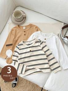 SHEIN LMoss Kids Kids Young Boy 3pcs Knit Solid Color Striped Crew Neck Casual T-Shirt Set - Multicolor - View 7